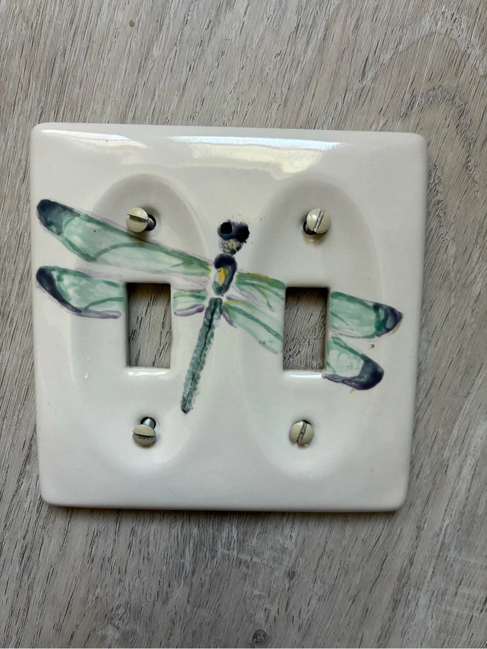 Dragonfly Double Toggle Ceramic Wall Switch Plate White Green Fairycore